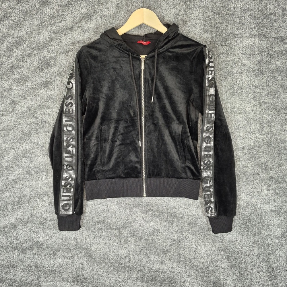 Guess Velour Hoodie Women Small Black Rhinestone Full Zip Jacket‎ Bling
